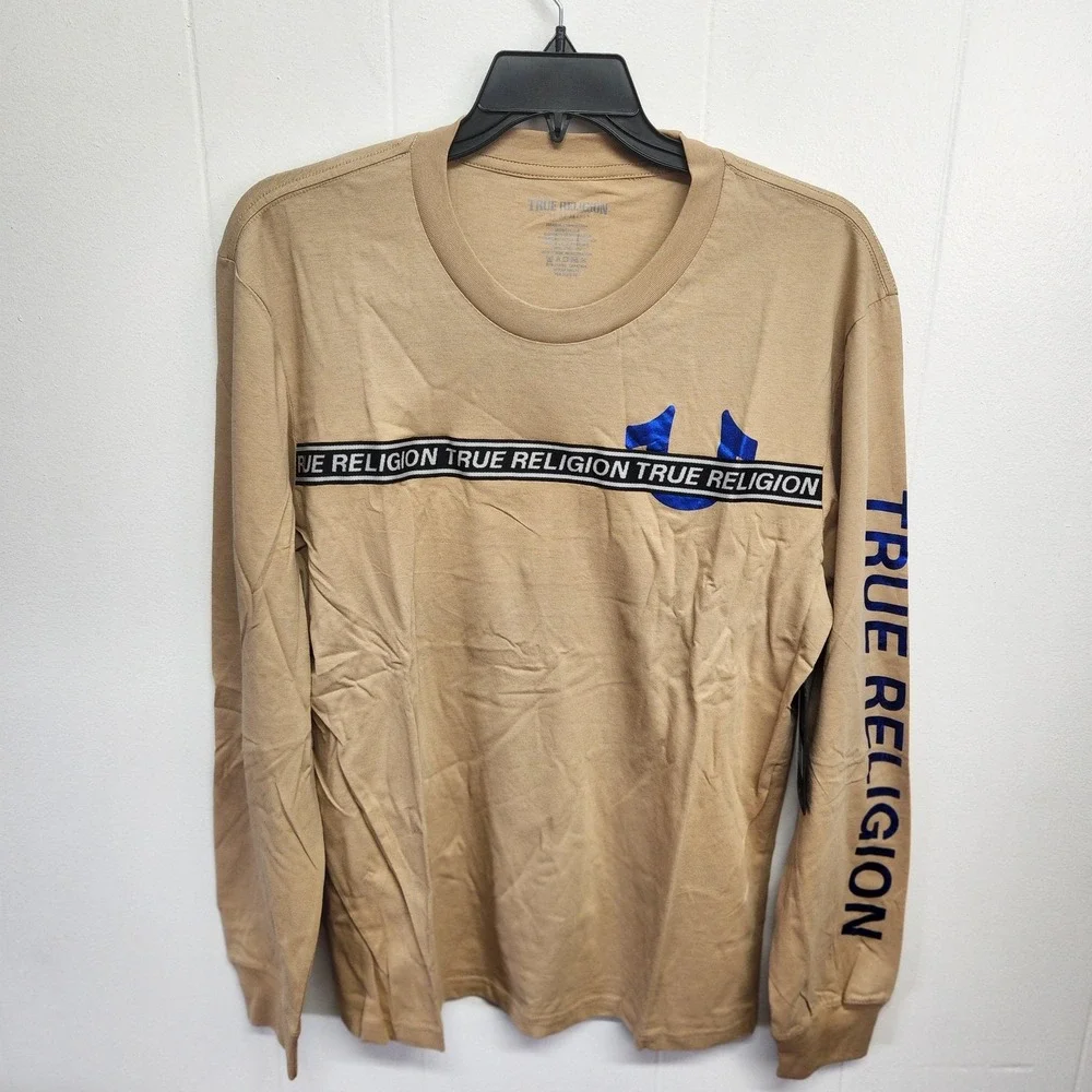 True Religion Shirt Mens‎ 2XL Beige Foil Taping Long Sleeve Logo Graphic XXL